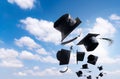 Graduation Ceremony, Graduation Caps, hat Thrown in the Air with Royalty Free Stock Photo