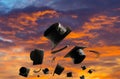 Graduation Ceremony, Graduation Caps, hat Thrown in the Air suns Royalty Free Stock Photo