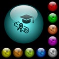 Graduation ceremony icons in color illuminated glass buttons