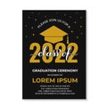 Graduation ceremony invitation card. Black and gold grad party invite. Graduation celebration announcement. Class of