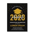 Graduation ceremony invitation card. Black and gold grad party invite. Graduation celebration announcement. Class of