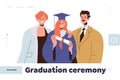 Graduation ceremony landing page design template with parents congratulating child with diploma