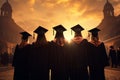 Graduation ceremony scene Silhouettes of university graduates, rear perspective