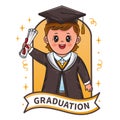Graduation ceremony sign. Happy graduating boy finish study at university. Student in academic robe with diploma. Vector