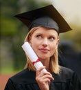Graduation, certificate and vision with student woman outdoor on campus for university or college event. Future Royalty Free Stock Photo