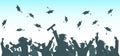 Graduation. Cheerful graduate students throwing academic caps, silhouette. Crowd of people. Vector illustration