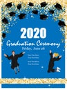 Graduation Class Ceremony of 2020 greeting cards set with graduate hats in the air gold confetti. Vector grad party