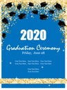 Graduation Class Ceremony of 2020 greeting cards set with graduate hats in the air gold confetti. Vector grad party Royalty Free Stock Photo