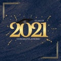 Graduation class of 2021 with graduation cap hat and confetti. Vector Illustration