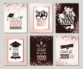 Graduation Class of 2020 rose gold greeting cards set. Six vector party invitations. Grad posters. All isolated and layered Royalty Free Stock Photo