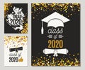 Graduation Class of 2020 three greeting cards set with golden glitter. Vector graduate party invitations. Grad posters. All