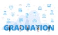 Graduation concept with big words and people surrounded by related icon spreading with modern blue color style