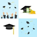 Graduation concept with flying caps and hats, idea of education tuition achievement earnings or study cost flat cartoon