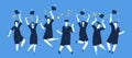 Graduation day! Group of multiracial graduates or students throwing graduation hats in the air celebrating. Vector