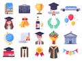 Graduation day icons. College graduate students party, graduation cap and student gown. Exams icon vector illustration