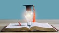 Graduation day.Mortarboard on bright lamp or glowing light bulb with open book and certificate.Education learning concept