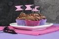 Graduation Day Pink And Purple Party Cupcakes On Plate.