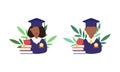 Graduation day.Set of student with a medal.Books and an apple.Flat style African male and female. Royalty Free Stock Photo