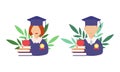 Graduation day.Set of student with a medal.Books and an apple.Flat style male and female. Royalty Free Stock Photo