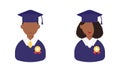 Graduation day. Set of student with a medal.Flat style African female and male. Vector illustration. Royalty Free Stock Photo