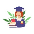 Graduation day. Smiling student with a medal.Books and an apple.Flat style female. Vector illustration.