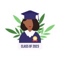 Graduation day. Smiling student with a medal.Flat style African female. Vector illustration. Royalty Free Stock Photo