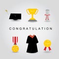 Graduation Day Vector Icon set of Celebration and Congratulation Elements in Flat Design. Royalty Free Stock Photo
