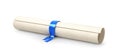 Graduation diploma scrolling bound with a blue ribbon isolated on white. The symbol for a successful ending.