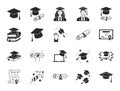 Graduation doodle illustration including flat icons - student in cap, diploma certificate scroll, university degree Royalty Free Stock Photo