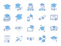 Graduation doodle illustration including icons - student in cap, diploma certificate scroll, university degree. Thin