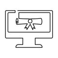 Graduation and education online, continuous line icon, vector diplom sign