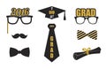 Graduation elements set. Gold, black. Vector flat.