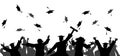 Graduation event ceremony. Happy graduate students with graduating caps and diploma or certificates, silhouette of group of people