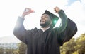 Graduation, fist and black man celebrate success, achievement and college target. Happy graduate, education celebration