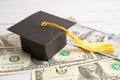 Graduation gap hat on Euro and US dollar banknotes money, Education study fee learning teach concept