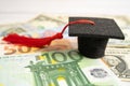 Graduation gap hat on Euro and US dollar banknotes money, Education study fee learning teach concept