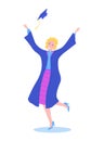 Graduation girl character, school graduation student hold diploma in hat isolated on white, flat vector illustration