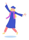 Graduation girl character, school graduation student hold diploma in hat isolated on white, flat vector illustration