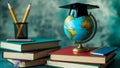 Graduation globe with books and pencils Royalty Free Stock Photo