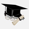 Vector illustration of graduation cap and diploma Royalty Free Stock Photo