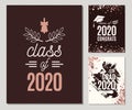 Graduation 2020 greeting cards set in rose gold colors. Three vector grad party invitations. Class of grad posters. All isolated Royalty Free Stock Photo