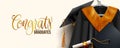 Graduation greeting vector design. Congrats graduates text with graduation dress and elements of mortarboard cap, gown.