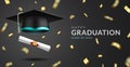 Graduation Greeting Vector Design. Happy Graduation Text With Mortarboard Cap, Diploma And Confetti Elements For Class Of 2022.