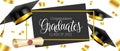 Graduation Greeting Vector Template Design. Congratulations Graduates Text With 3d Mortarboard Cap And Diploma In Confetti.