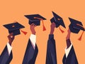 Graduation hands holding mortarboards. illustration in flat style. Generative AI