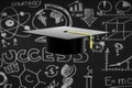 Graduation hat on black chalkboard background