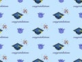 Graduation hat seamless pattern on blue background.Pixel style,Congratulations