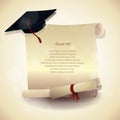 Graduation hat and certificate poster. Vector illustration decorative background design