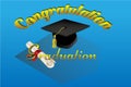 Graduation hat and degree with congratulation text gold color on blue gradient background Royalty Free Stock Photo