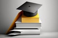 Graduation hat and diploma with book on table. AI generation Royalty Free Stock Photo